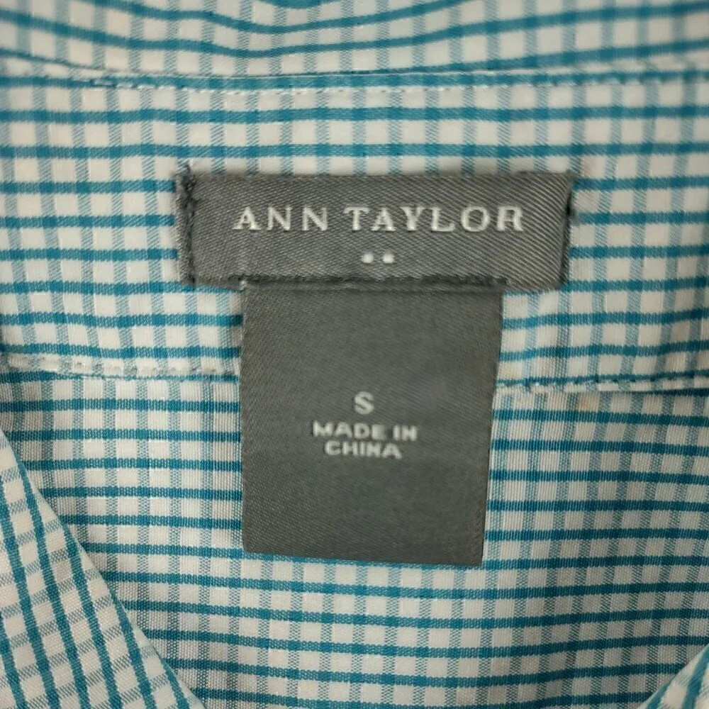 Ann Taylor 100% Cotton Blue White Checkered Short Sleeve Button Down Shirt Sz S - Picture 9 of 10